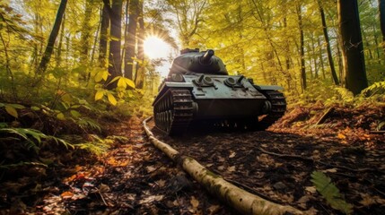 Wall Mural - War Concept. Military Tank in the forest at sunset. Military Concept. War Concept. Battlefield.