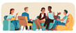 People group therapy discussion with psychologist. Patient men, women meeting and talking. Psychology family session help, psychological conversation, psychotherapy support flat vector illustration 