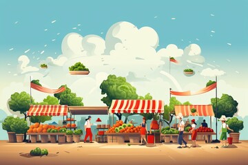 Wall Mural - Cartoon illustration of vegetables and fruits market