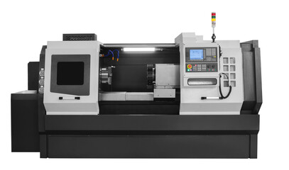 Poster - Modern programmable metalworking lathe isolated on white background