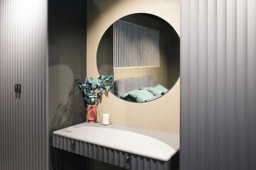 Poster - Interior of a modern bedroom in an apartment, hotel or private house with a bed and pillows