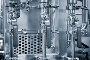 Poster - Pharmaceutical factory, metal equipment for drug production, industrial pharmaceutical concept background