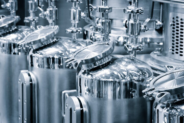 Poster - Pharmaceutical factory, metal equipment for drug production, industrial pharmaceutical concept background
