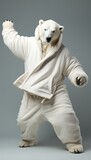 Fototapeta  - niedzwiedz polarny przebrany w szlafrok i bluze z kapturem tańczący na biało