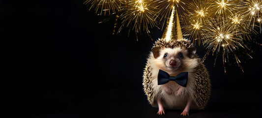 Wall Mural - Happy new Year, Sylvester New Year's eve party, funny animals banner greeting card - Cute hedgehog with party hat outfit, bow tie and fireworks in the background at night