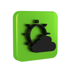 Poster - Black Sun and cloud weather icon isolated on transparent background. Green square button.