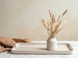 Fototapeta Boho - Stunning Simplicity: Exploring Minimalist Décor with a Single Empty Tray on a Crisp White Bed Generative AI