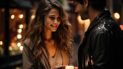 Wall Mural - young handsome man gives a gift to a beautiful woman on a city street, date, love, Christmas, Valentine's day, guy and girl, romance, boyfriend, new year, family, couple of lovers, birthday, emotions