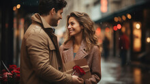 Young Handsome Man Gives A Gift To A Beautiful Woman On A City Street, Date, Love, Christmas, Valentine's Day, Guy And Girl, Romance, Boyfriend, New Year, Family, Couple Of Lovers, Birthday, Emotions