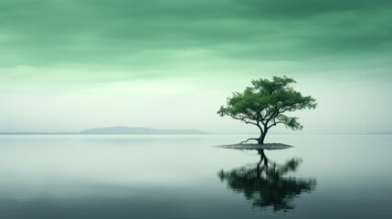 Poster -  a lone tree sitting on a small island in the middle of a large body of water with mountains in the distance.