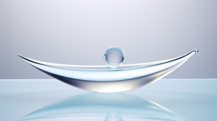 Poster -  a drop of water sitting on top of a glass table next to a light blue tablecloth and a gray wall.