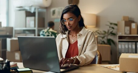 Poster - Work from home, woman and laptop for online work and order with ecommerce and website. Female entrepreneur, small business and computer for package order and information in a house with a startup