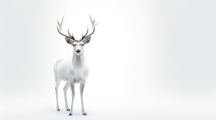 Poster -  a white deer with large antlers standing on a white background with copy - space in the middle of the image.