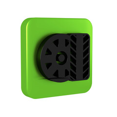 Wall Mural - Black Car tire wheel icon isolated on transparent background. Green square button.