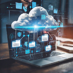 Internet cloud computing technology and online data storage for transferring backup file. Document Management System (DMS) with FTP (File Transfer Protocol) for information technology banner