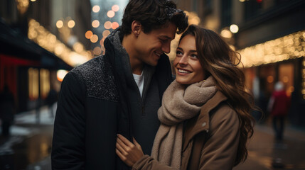 Wall Mural - young handsome man gives a gift to a beautiful woman on a city street, date, love, Christmas, Valentine's day, guy and girl, romance, boyfriend, new year, family, couple of lovers, birthday, emotions