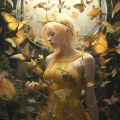 Canvas Print -  a woman in a yellow dress standing in front of a mirror with yellow butterflies surrounding her and a clock in the background.