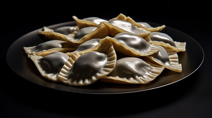 Wall Mural -  a plate full of dumplings on a black table with a silver plate holding them up to the side of the plate.