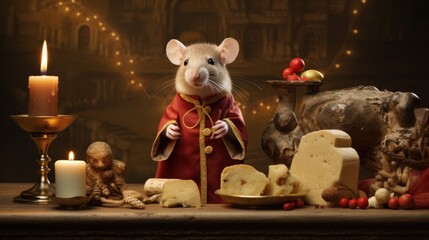 Sticker -  a mouse dressed in a red caper surrounded by cheeses, candles, figurines and figurines.