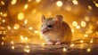  a small mouse sitting on top of a table next to a string of lights and a string of lights behind it.