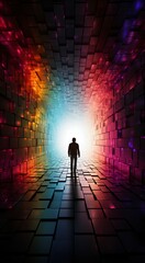 Man Walking Towards Light in Vibrant Geometric Corridor. Generative ai