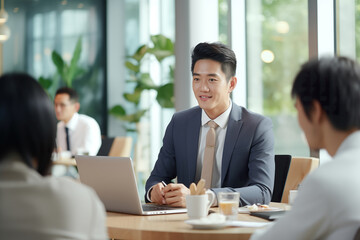 Teamwork meeting, asian businessman working in office making conversation with people