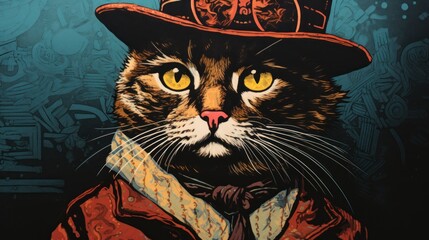 Poster - A cat wearing a hat and tie, AI