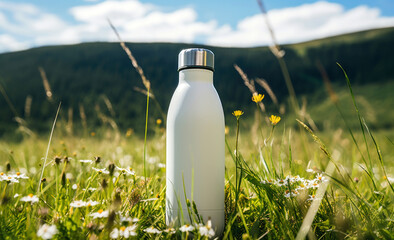 Canvas Print - White stainless thermo bottle standing in grass, copy space