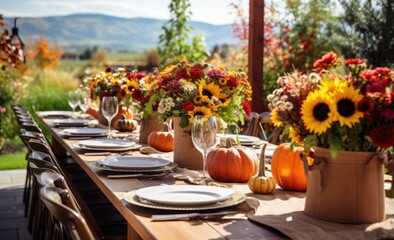 Poster - table setting  with sunflowers and pumpkins 