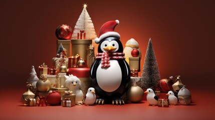 Sticker -  a penguin wearing a santa hat and scarf surrounded by christmas decorations and a penguin figurine with a christmas tree in the background.