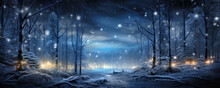 Forest With Magical Lights In Winter At Christmas Night, Landscape With Snow, Trees And Sky. Panoramic View Of Fairy Woods And Path. Theme Of New Year Holiday, Wonderland, Nature, Xmas