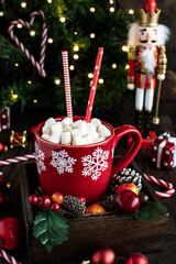 Wall Mural - Red mug filled with hot chocolate and marshmallows