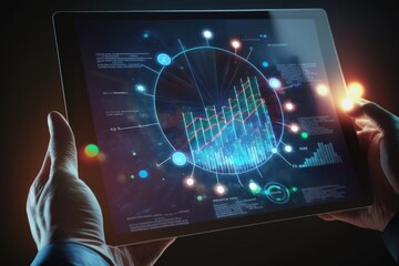 Wall Mural - Close up of hands holding tablet with glowing forex chart. Trade concept
