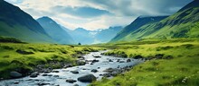 Panoramic View A River Surrounded By Green Hills On A Sunny Day. AI Generated Image