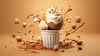Hazelnut ice cream explosion, nutty ball splash with cup. Illustration for banners, landing pages and web pages with summer motifs, advertisement poster, generative ai
