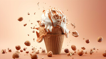 Wall Mural - Hazelnut ice cream explosion, nutty ball splash with cone. Illustration for banners, landing pages and web pages with summer motifs, advertisement poster, generative ai