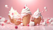Marshmallow ice cream. Scoops of italian dessert with waffle cone on isolated background. Illustration for banners, landing pages and web pages with summer motifs. Copy space. Generative AI