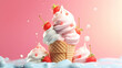 Marshmallow ice cream. Scoops of italian dessert with waffle cone on isolated background. Illustration for banners, landing pages and web pages with summer motifs. Copy space. Generative AI