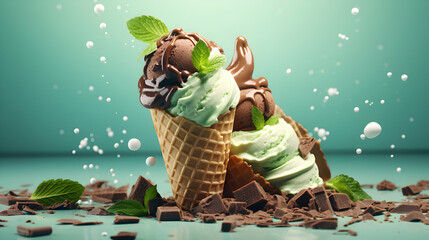 Wall Mural - Mint and chocolate ice cream. Scoops of italian dessert with waffle cone on isolated background. Illustration for banners, landing pages and web pages with summer motifs. Copy space. Generative AI