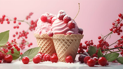 Wall Mural - Red currant sherbet ice cream. Scoops of italian dessert with waffle cone on isolated background. Illustration for banners, landing pages and web pages with summer motifs. Copy space. Generative AI