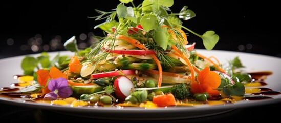 Canvas Print - In the midst of spring, amidst the vibrant colors of nature's renewal, a young leafy salad adorned the white plate - a feast for the eyes, this healthy Asian-inspired dish boasted a medley of green