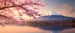 Mount of Fuji with lake and cherry blossom tree in sunny day. AI generated image