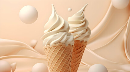 Wall Mural - White chocolate ice cream. Scoops of italian dessert with waffle cone on isolated background. Illustration for banners, landing pages and web pages with summer motifs. Copy space. Generative AI