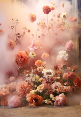 Wall Mural - Fresh Spring field, meadow flowers explode in smoke and mist. Herbal creative concept. Pastel background.