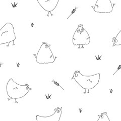 Wall Mural - Cute Cartoon chicken and hen Seamless Pattern, Background vector Illustration