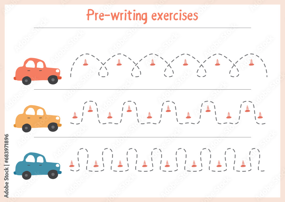 Basic writing exercises. Trace line worksheets for children. Preschool