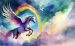 illustration d'une licorne Pégase blanche les ailes déployées sur un fond d'un arc-en-ciel et de nuages multicolores le tout générée par l'intelligence artificielle