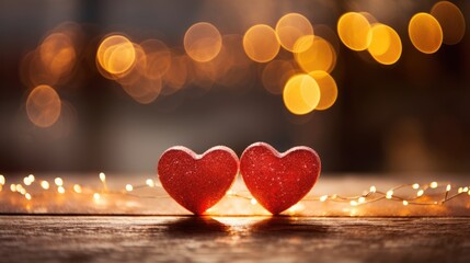 Wall Mural - Valentines day background. Two red hearts on bokeh background