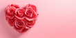Bouquet of blossom red roses on pink background heart shaped with copy space, perfect greeting card for Valentine Day