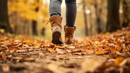 Poster -  a close up of a person's feet walking through a leaf covered path in a park with trees in the background.